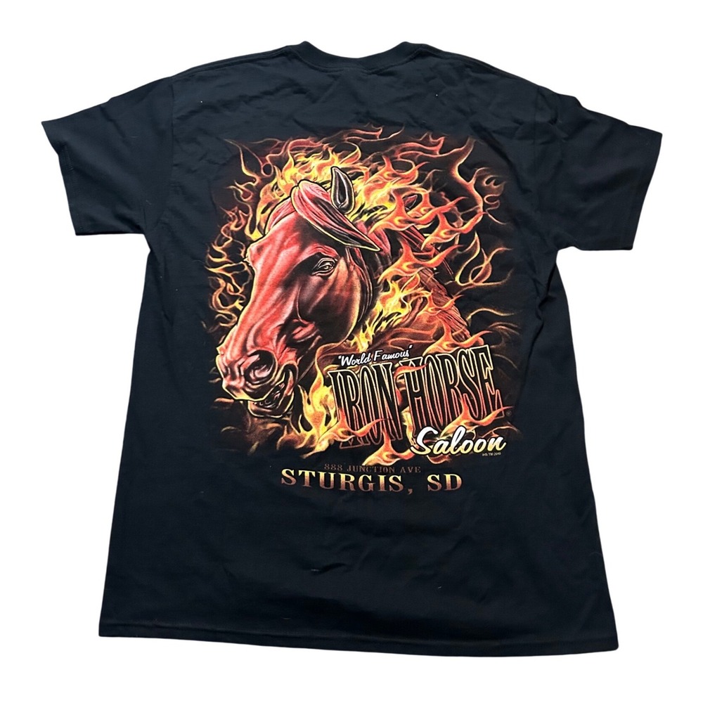 Iron Horse Saloon Sturgis SD Flaming Horse Pocket T-Shirt Black Mens Medium